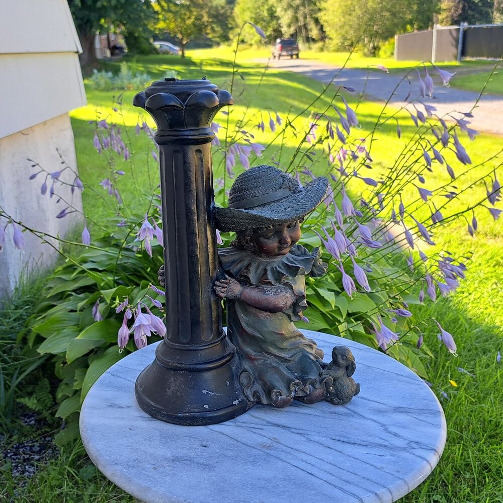 Vintage Candle Holder Statue of Girl & Bunny